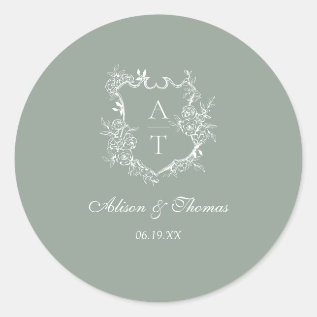 Sticker Rond Sage Vert Monogramme Crest Mariage Enveloppe Sceau (Devant)