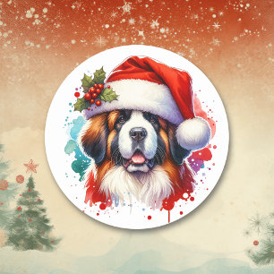 Sticker Rond Saint Bernard à Noël à Santa Hat
