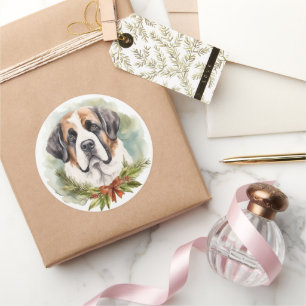 Sticker Rond Saint Bernard Christmas Wreath Festive Pup