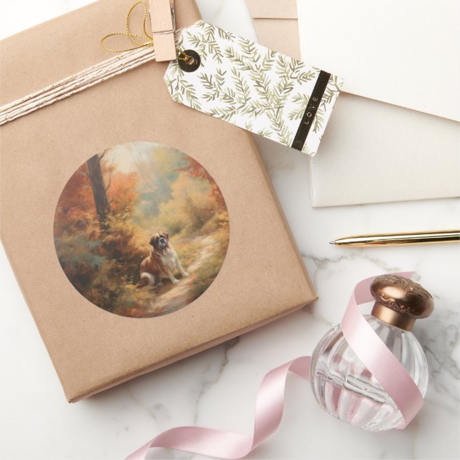 Sticker Rond Saint Bernard en automne Feuilles Automne automne  (Cadeaux)