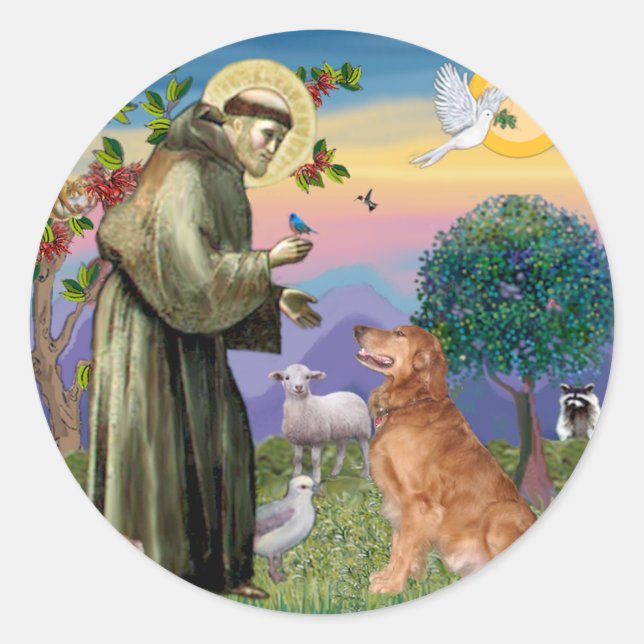 Sticker Rond Saint François - Golden Retriever (#1) (Devant)