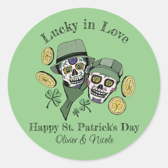 Sticker Rond Saint Patrick Personnalisé Nom Crâne Vert Chanceux (Devant)