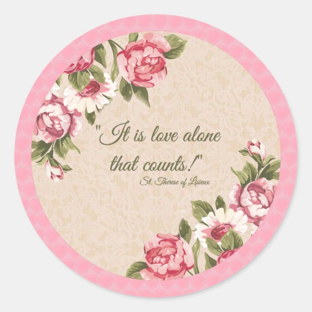 Sticker Rond Saint-Thérèse citation Rose dentelle rose (Devant)