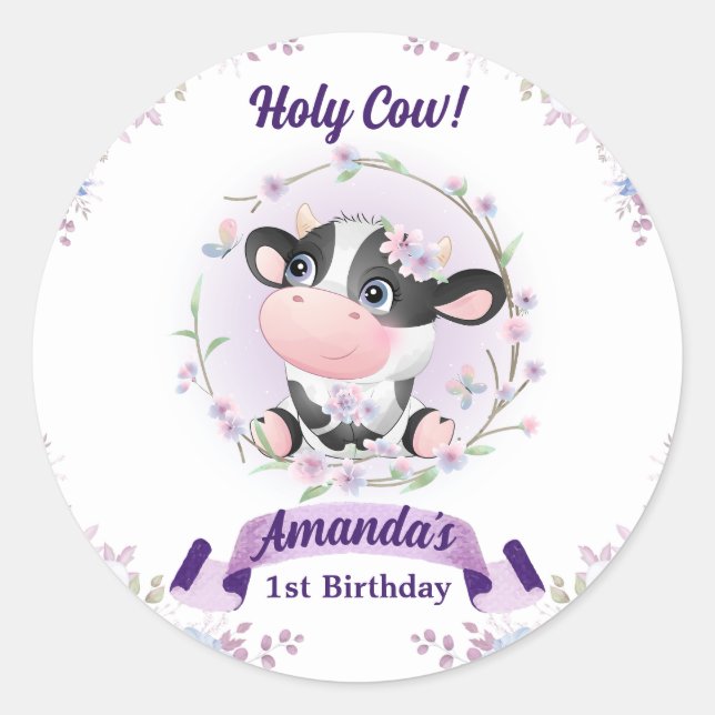 Sticker Rond Saint Vache Floral 1er anniversaire fête (Devant)
