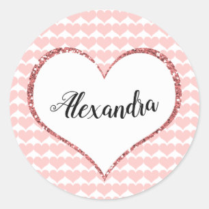 Sticker Rond Saint Valentin Coeurs roses Nom personnalisé