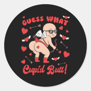 Sticker Rond Saint Valentin drôle, devine quoi Cul de Cupidon
