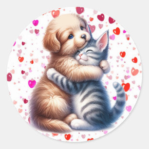 Sticker Rond Saint Valentin mignonne chiot et Kitty Hug