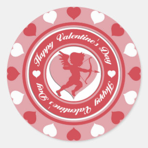 Sticker Rond Saint-Valentin Rouge Cupidon et Coeurs