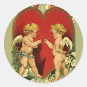 Sticker Rond Saint-Valentin vintage, les chérubins font un vœu