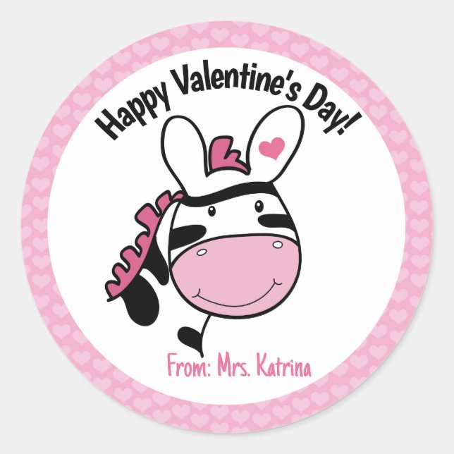 Sticker Rond Saint Valentin Zebra mignonne Coeurs roses (Devant)
