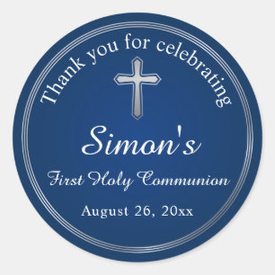 Sticker Rond Sainte communion d'argent de bleu marine première