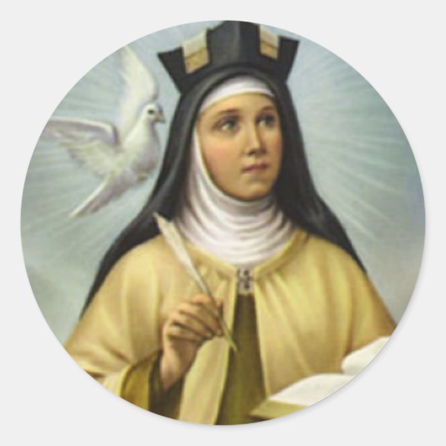 Sticker Rond Sainte Thérèse d'Avila Carmelite Nun Dove Feather (Devant)
