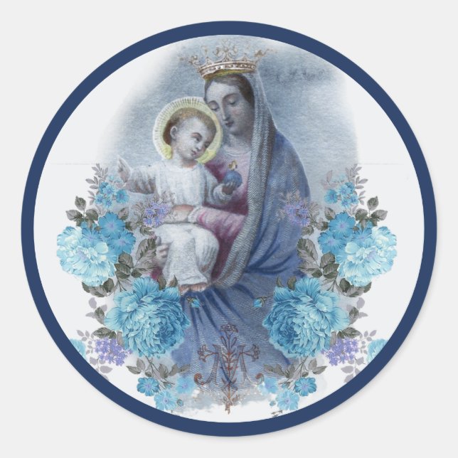 Sticker Rond Sainte Vierge Marie Jésus Catholique Bleu Floral (Devant)