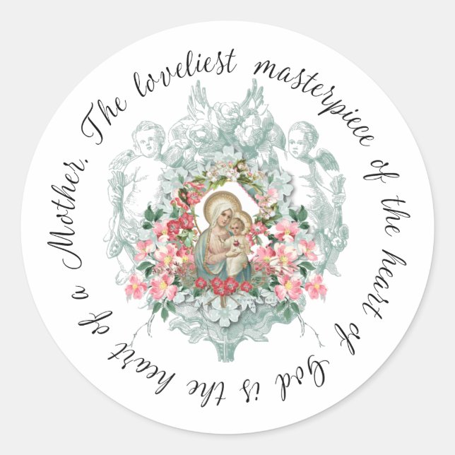 Sticker Rond Sainte Vierge Marie Jésus Mère Citation Florale (Devant)