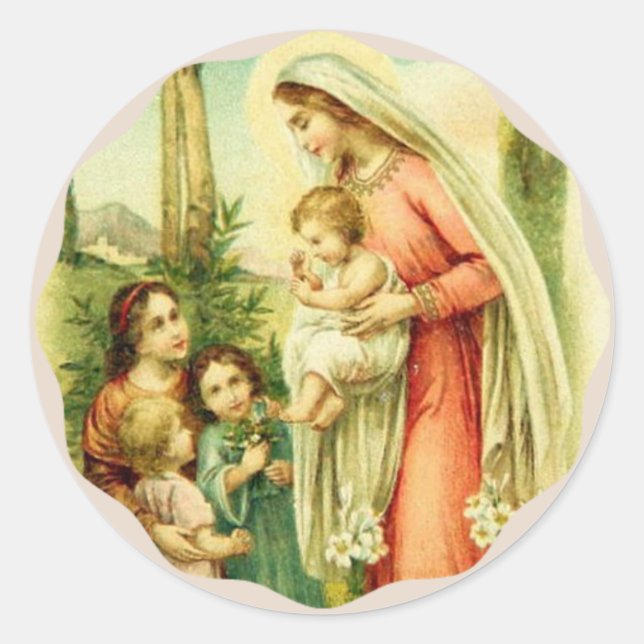 Sticker Rond Sainte Vierge Marie tenant bébé Jésus Enfants (Devant)