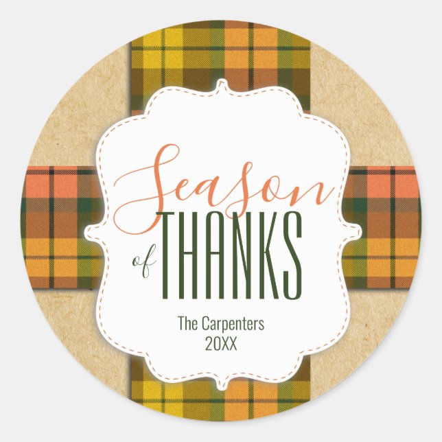 Sticker Rond Saison de Merci Harvest Automne Plaid Ribbon Nom (Devant)