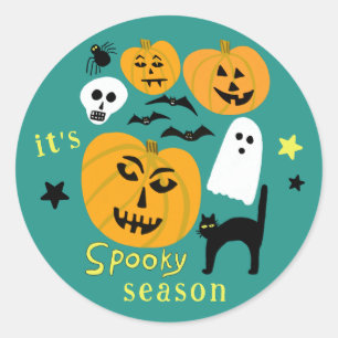 Sticker Rond Saison éffrayante Citrouilles Ghost Bat HAPPY HALL