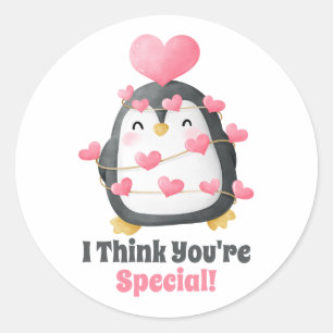 Sticker Rond Salle de classe Saint-Valentin Penguin Coeurs rose