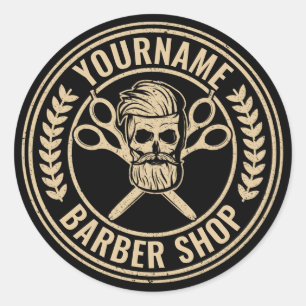 Sticker Rond Salon de coiffure personnalisé Skull Rockabilly