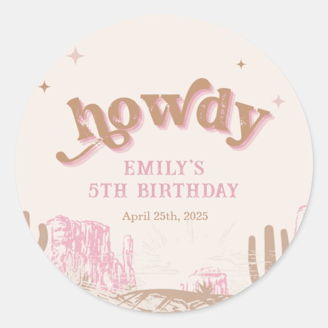 Sticker Rond Salut ! Anniversaire de la cowgirl rose occidental (Devant)