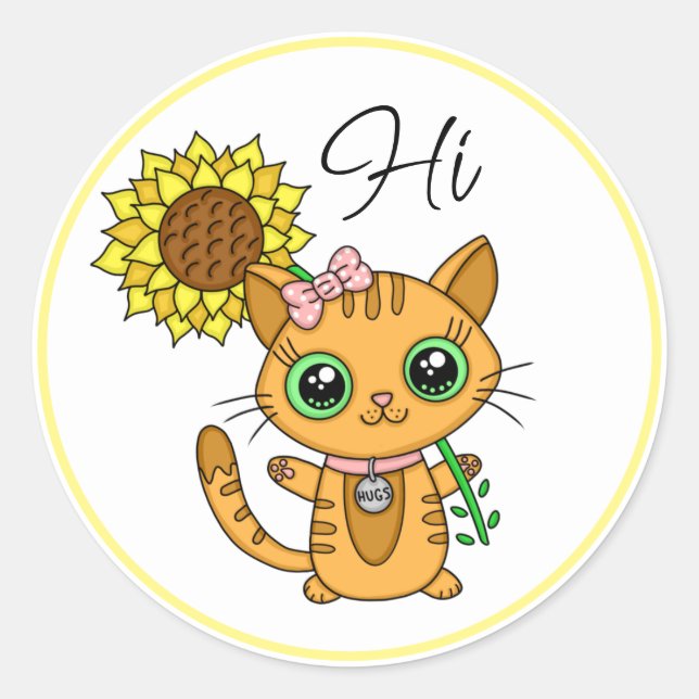 Sticker Rond Salut et Hugs | Cute chat avec tournesol (Devant)