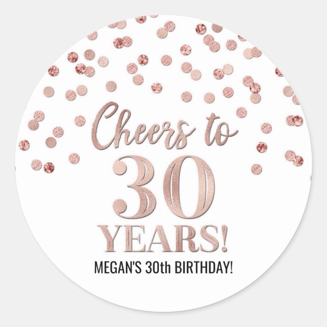 Sticker Rond Salutations à 30 Anniversaire Rose Gold Confetti (Devant)