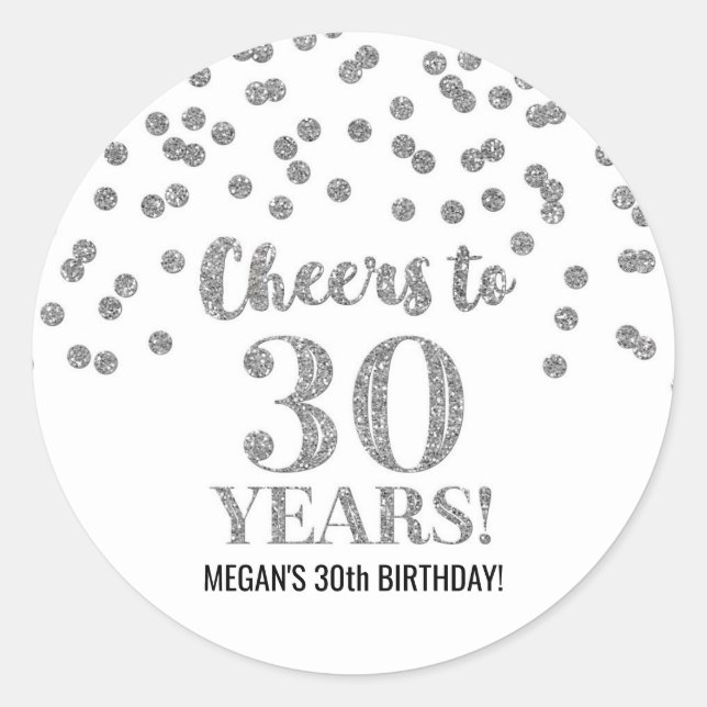 Sticker Rond Salutations à 30 ans Anniversaire Argent Confetti (Devant)