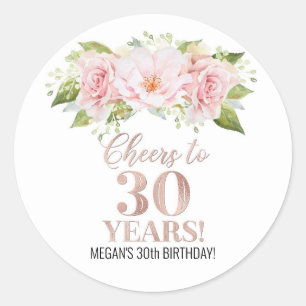 Sticker Rond Salutations à 30 ans Anniversaire Rose or rose Fle