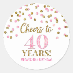 Sticker Rond Salutations à 40 Anniversaire Gold Pink Confetti