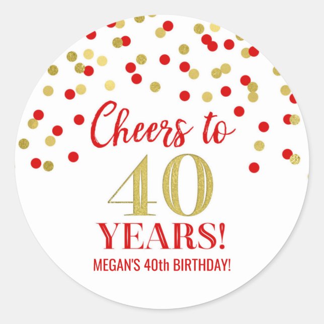 Sticker Rond Salutations à 40 Anniversaire Gold Red Confetti (Devant)