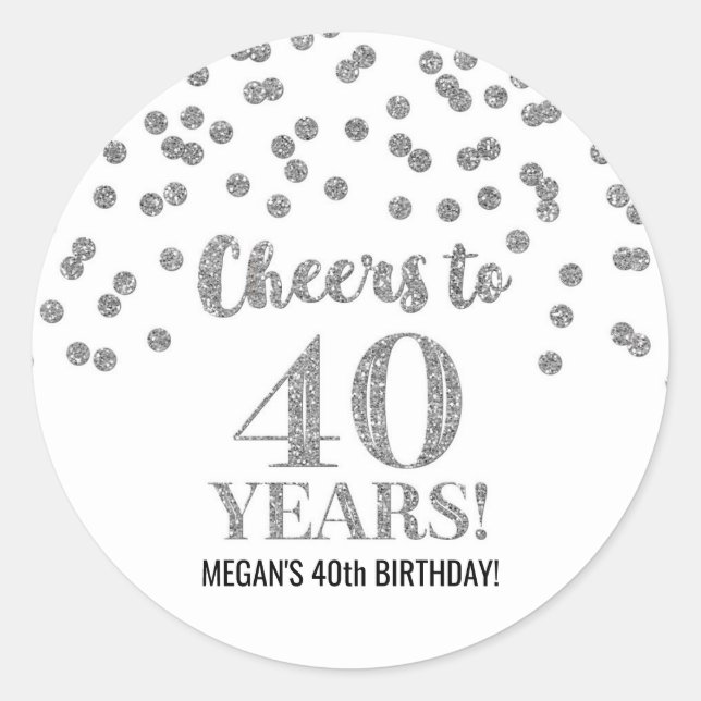 Sticker Rond Salutations à 40 ans Anniversaire Argent Confetti (Devant)