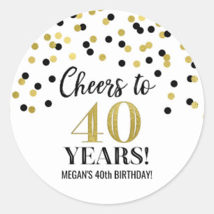 Sticker Rond Salutations à 40 ans Anniversaire Gold Noir Confet