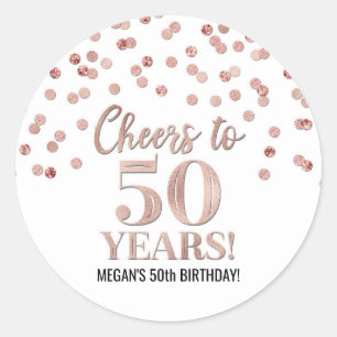 Sticker Rond Salutations à 50 Anniversaire Rose Gold Confetti