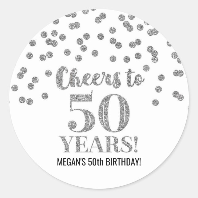 Sticker Rond Salutations à 50 ans Anniversaire Argent Confetti (Devant)