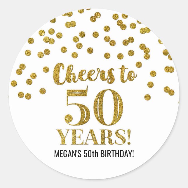 Sticker Rond Salutations à 50 ans Anniversaire Gold Confetti (Devant)