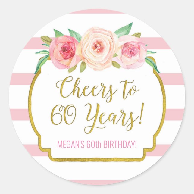 Sticker Rond Salutations à 60 ans Anniversaire rose Fleurs (Devant)