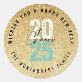 Sticker Rond Salutations Aqua 2025 Gold Parties scintillant Nou
