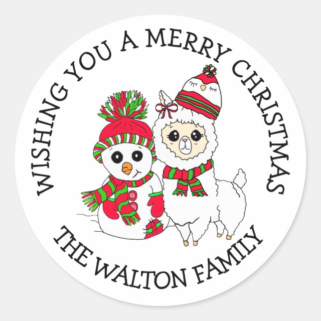 Sticker Rond Salutations de Noël Winter Llama et Snowman (Devant)