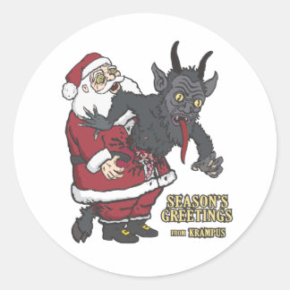 Sticker Rond Salutations de vacances de Krampus (et Père Noël)