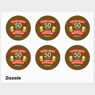 Sticker Rond Salutations et bières pour 50 ans heureux NOM d'an