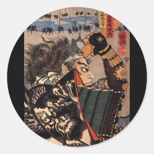 Sticker Rond Samouraï en belle armure de dragon, c. Années 1800
