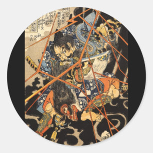 Sticker Rond Samouraïs combattant le grand monstre, circa