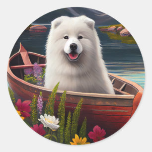 Sticker Rond Samoyé sur une pagaie : une aventure Pittoresque