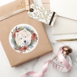 Sticker Rond Samoyed Christmas Wreath Festive Pup