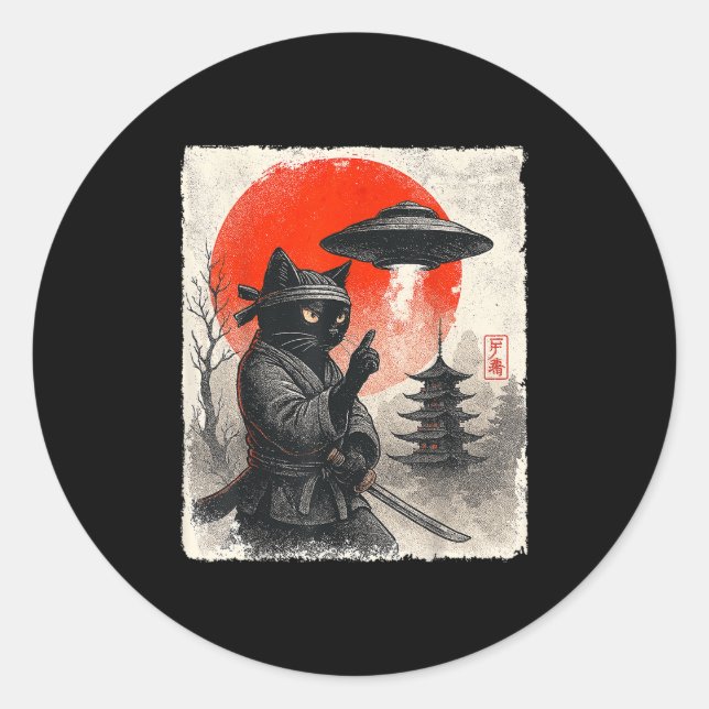 Sticker Rond Samurai Ninja Chat Guerrier Ufo Cadeaux Anime Japo (Devant)