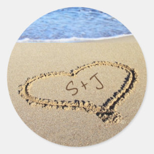 Sticker Rond Sand Heart Initials Plage Destination Mariage