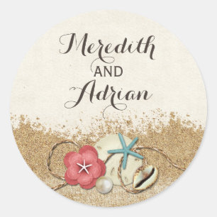Sticker Rond Sandy Beach Hibiscus & Coques Mariage Personnalisé