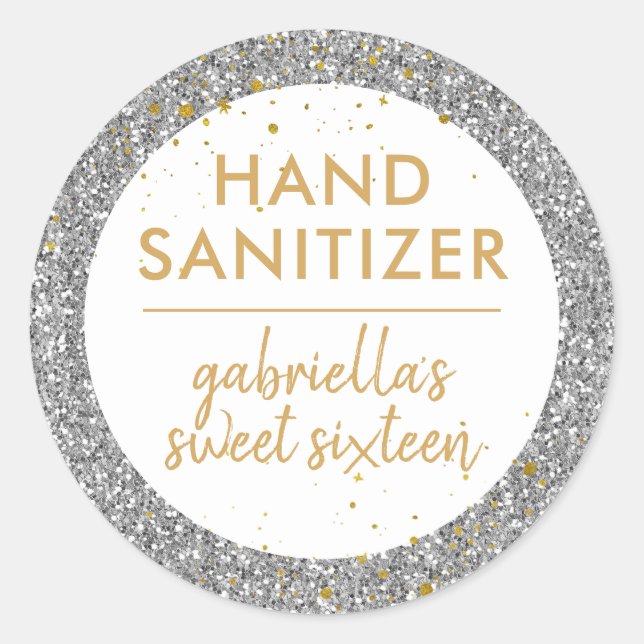 Sticker Rond Sanitizer à la main Parties scintillant argent Ann (Devant)