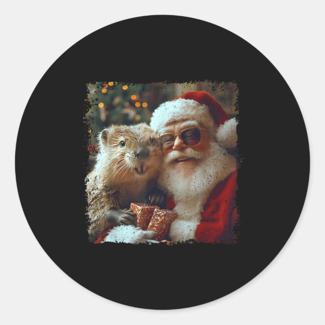 Sticker Rond Santa And Beaver Selfie Funny Christmas Design  (Devant)