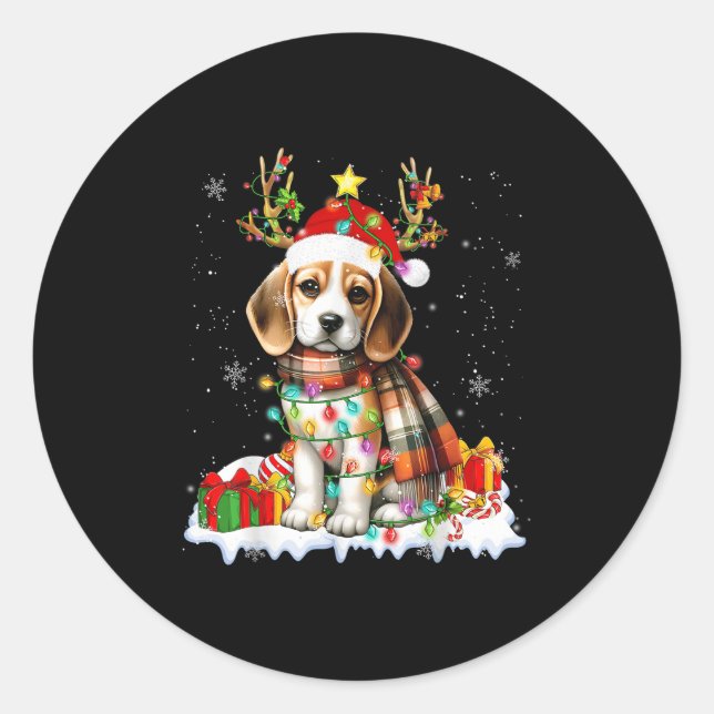Sticker Rond Santa Beagle Christmas Lights Funny Reindeer Dog X (Devant)